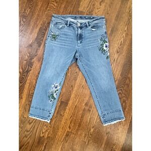 J. Jill Authentic Fit Cropped Jeans Womens 10P Blue Floral Embroidered Raw Hem